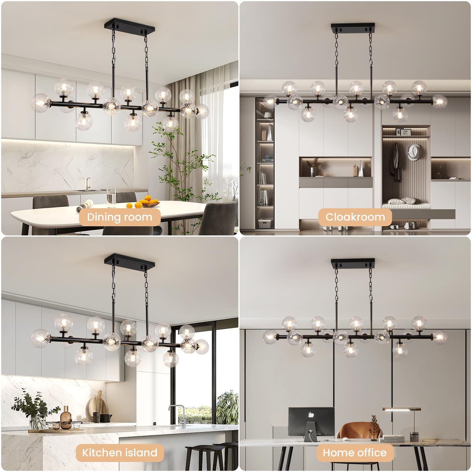 DFJL 50" Modern Linear Chandelier,Mid Century Black Finish and Transparent Pleats Glass Bubble Sputnik Pendant Light Fixtures, for Dining Room Kitchen Island Rectangle Over Table 16-Lights