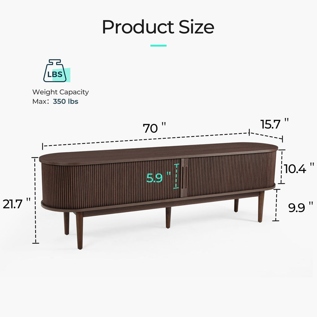 LINSY HOME 70" Fluted TV Stand for TVs up to 80 Inch, Mid Century Modern Entertainment Center with Storage Cabinet and Sliding Doors, Farmhouse Wood Media TV Console for Living Room, Bedroom, Walnut