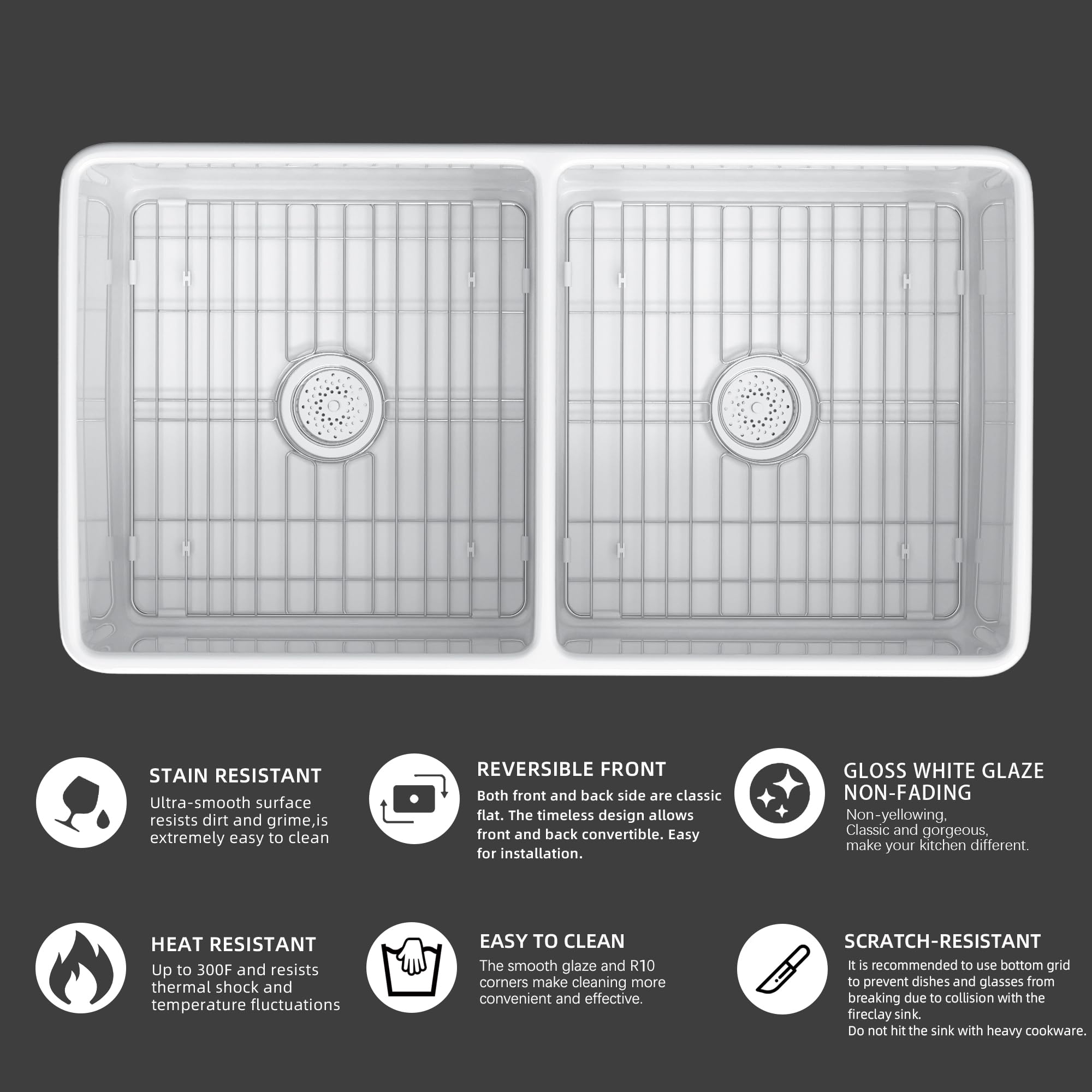 Miuara Farmhouse Sink Double Bowl 33 Inch - White Apron Front Kitchen Sink Reversible 33"x18", Undermount Farm House﻿ Style Dual Basin 50/50, Heavy Duty Solid Fireclay, for Kitchen