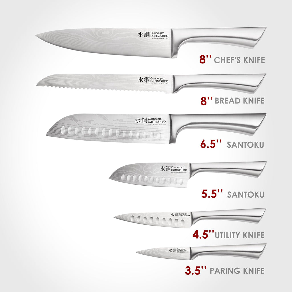 Cuisine::pro Damashiro Knife Block (Kumi, 7-Piece Chef Knife Set) - Japanese Steel Knife - Magnetic Knife Block- Damascus-Inspired Blade Kitchen Knives