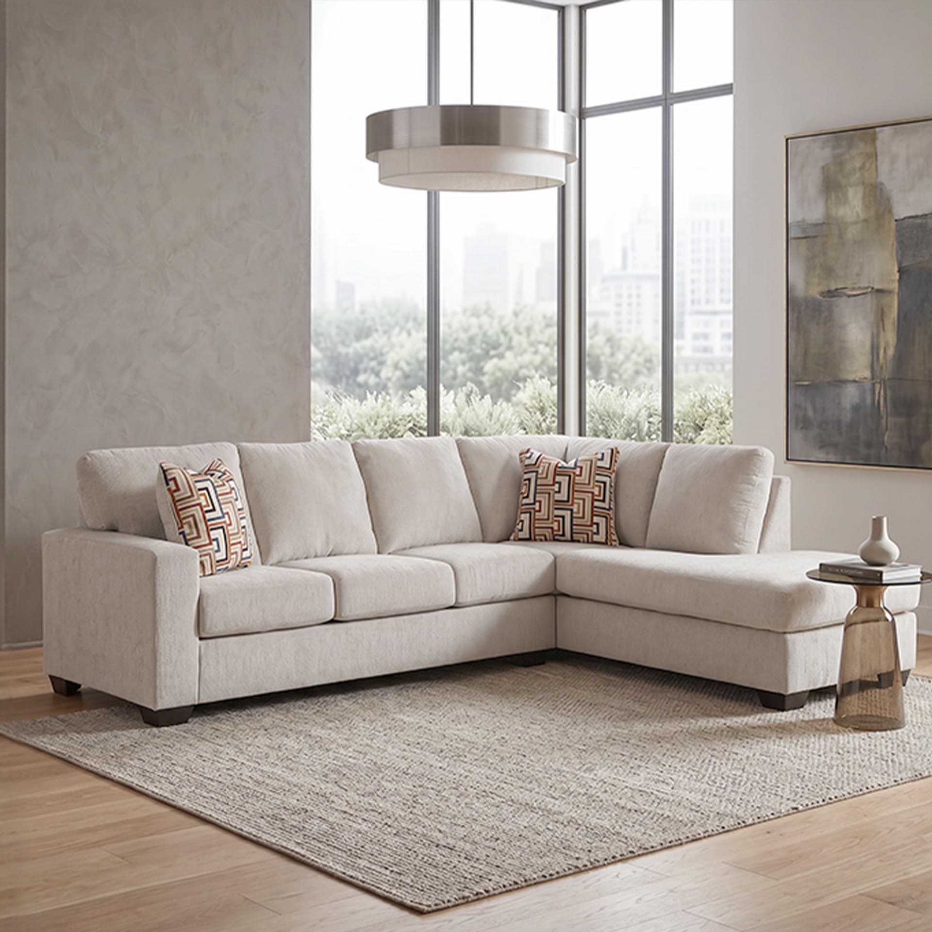 Signature Design by Ashley Aviemore Casual L-Shaped 2-Piece Sectional with Chaise and Loose Seat Cushions, Accent Pillows Included, 110" Wide, Light Gray