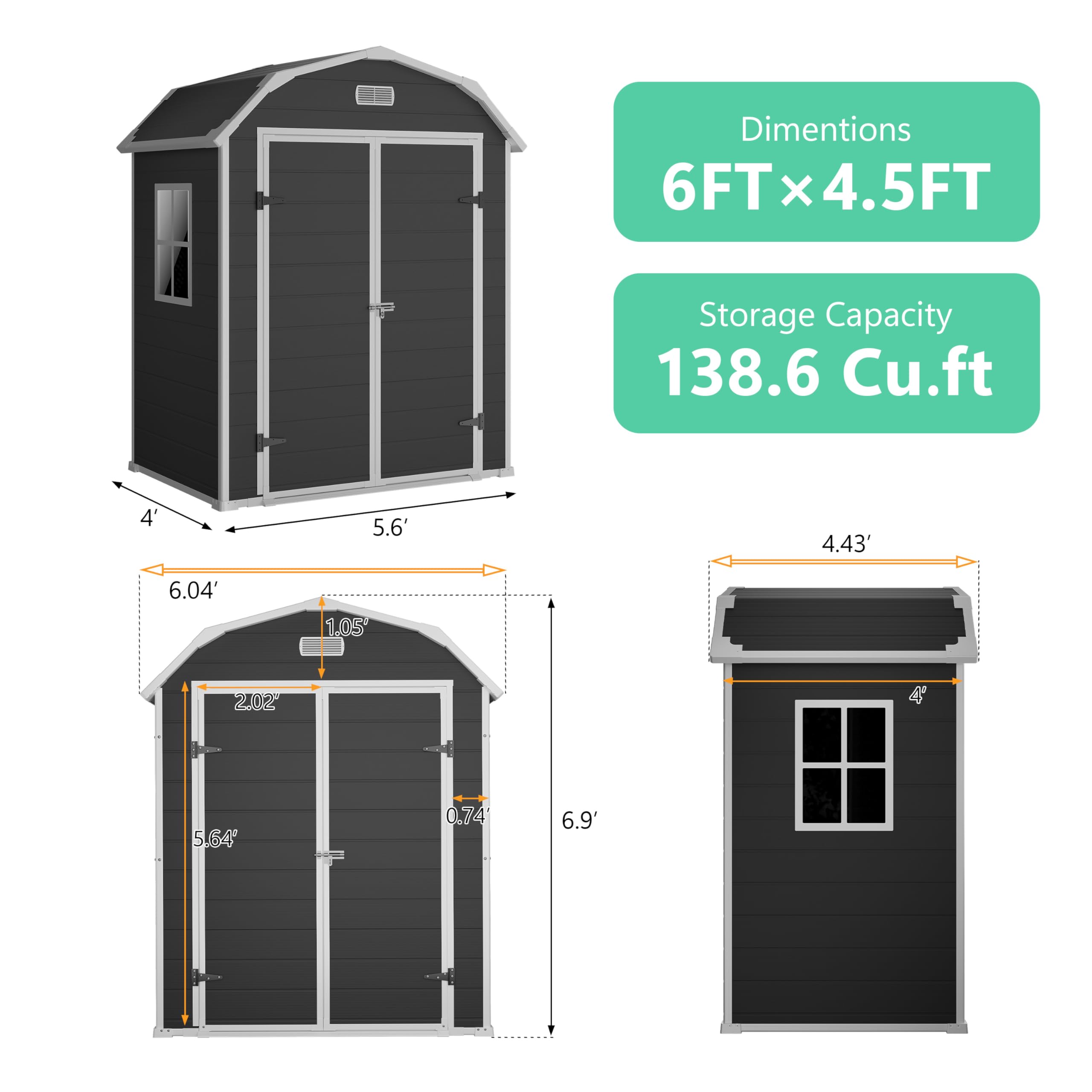 Shed, 6x4.5 ft Resin Storage Shed for Backyard, Durable All-Weather Storage and Sheds & Outdoor Storage, Large Outdoor Storage Box Style Outdoor Shed, Garden Resin Building, Black
