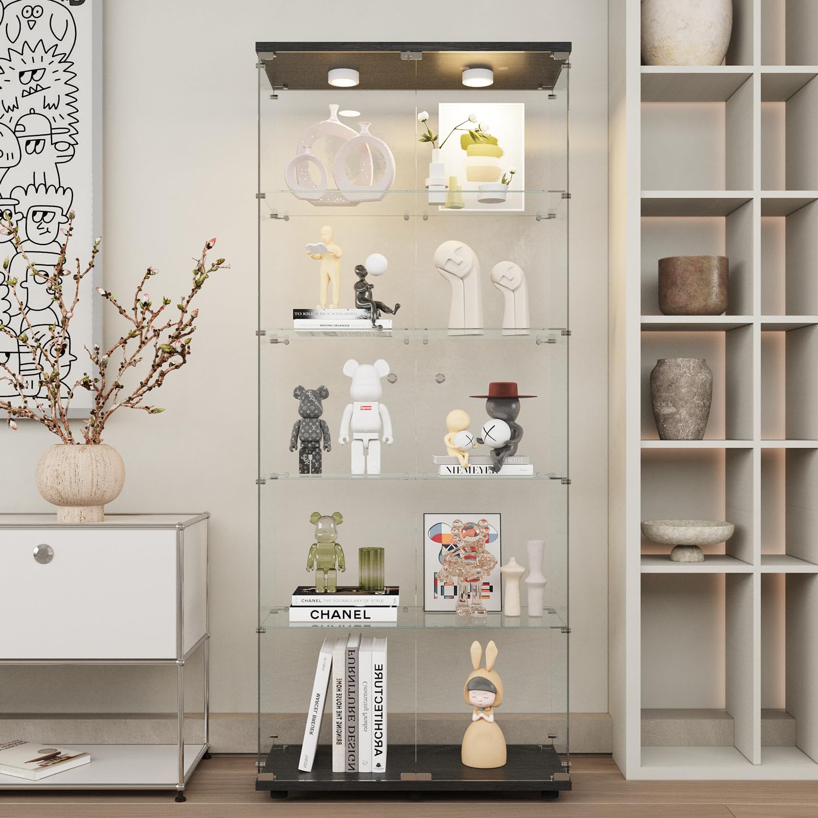 Beauty4U Glass Display Cabinet with Lights, 5 Shelves with 2 Doors, Curio Cabinets for Living Room, Bedroom, Office, Black Floor Standing Glass Bookshelf, Quick Installation