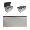 Suncast 160-Gal. Resin Extra-Large Outdoor Patio Deck Box with Pad-Lockable Lid, Modern Reeded Outdoor Patio Bench/Storage Box for Cushions, Garden Tools, and More, Iron Ore/French Gray