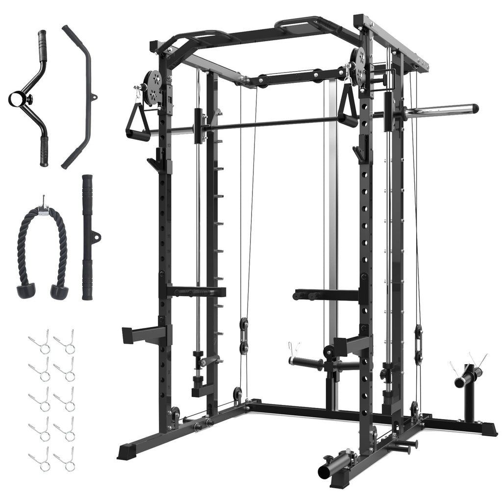 Garvee Power Cage, Smith Machine Squat Rack, Heavy Duty Power Rack for Home Gym with Pulley System, Dip Bar, LAT Pulldown, Multifunctional Squat Rack for Home Gym