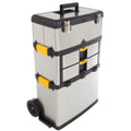 3-Part Portable Tool Box - Stainless-Steel Drawer Organizer with Wheels, Extendable Handle and Tough Latches - Rolling Tool Chest by Stalwart (Silver)