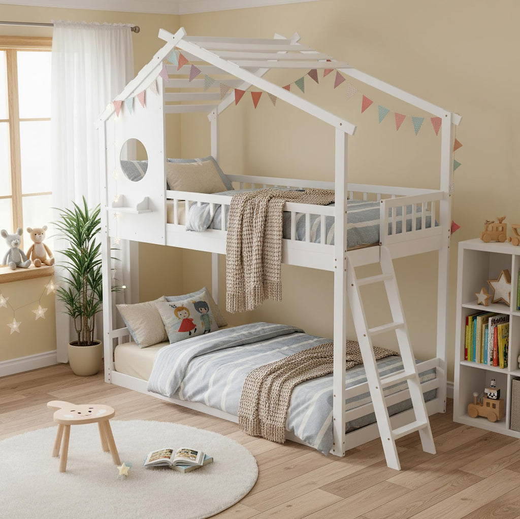 DUMOS Wood Twin Over Twin House Bunk Bed, Loft Bed with Ladder, Safety Guardrail, Wooden Slats & Window, Kids Twin Bed Frame for Teens Juniors, Freely Decorative House Roof