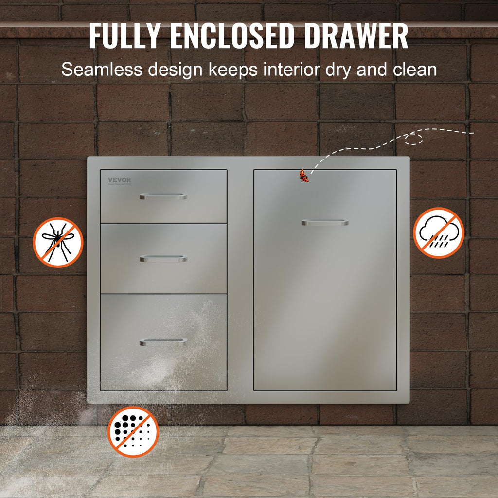 VEVOR Stainless Steel Cabinet, Outdoor Kitchen Door Drawer Combo 29.5" W x 22.6" H x 21.7" D, Access Door/Triple Drawers, Propane Drawer, Adjustable Garbage Ring, BBQ Island Patio Grill Station