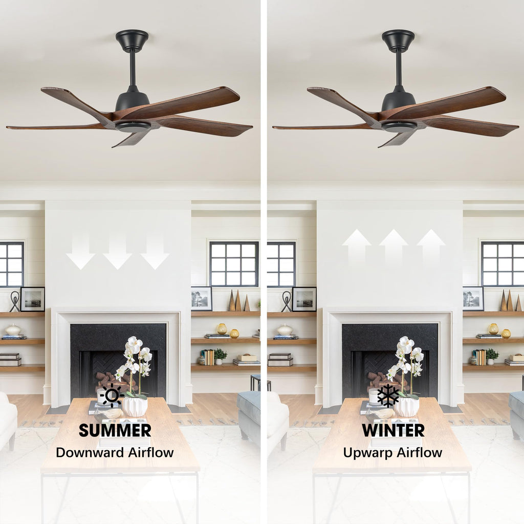 LVYEAYOU 52 Inch Solid Wood Ceiling Fan No Lights, Remote and APP Control, DC Motor, 6-speed Reversible, for Bedroom, Living Room, Office, Dark Walnut