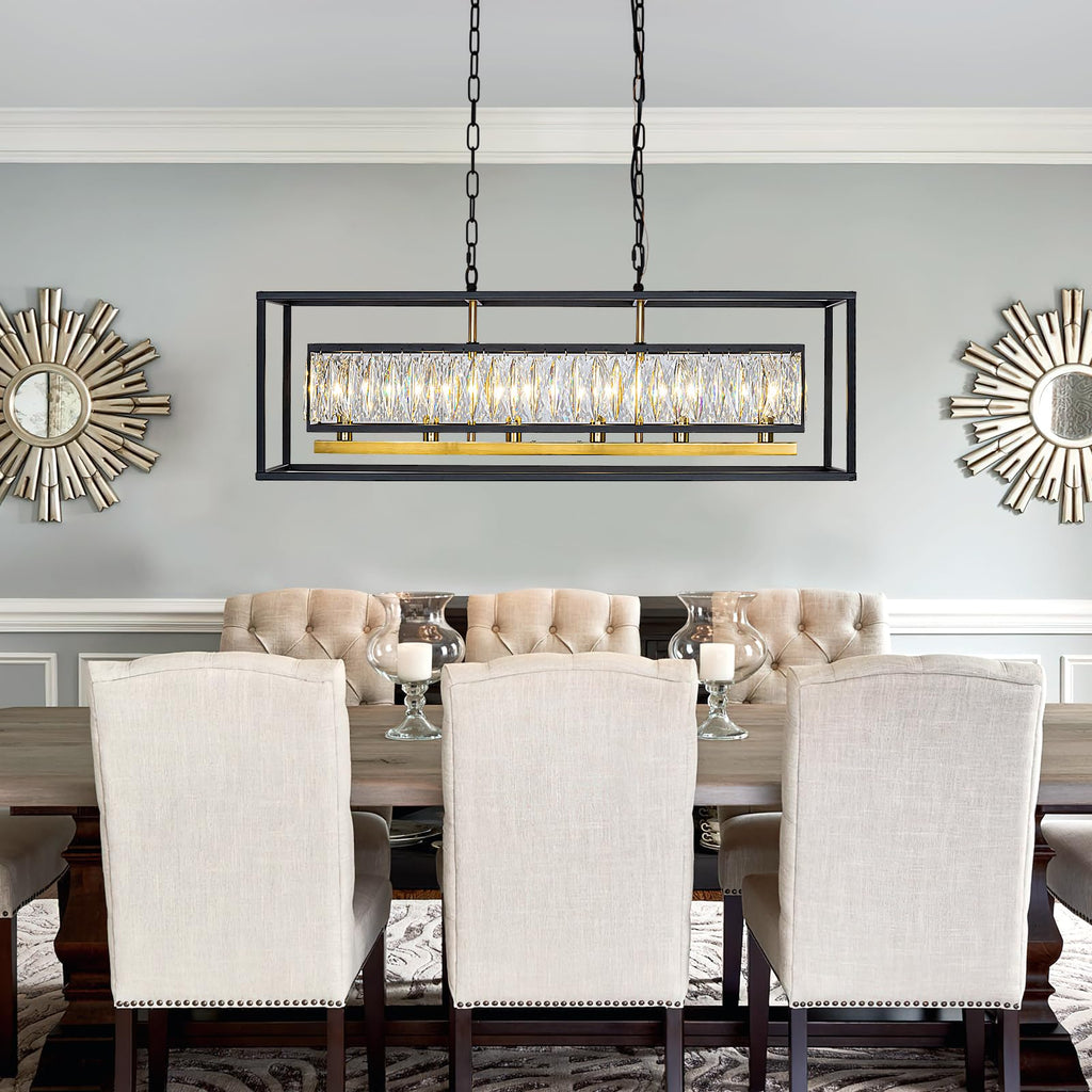 Vezzio Modern Crystal Chandelier for Dining Room 6-Light Luxury Black and Gold Rectangle Contemporary Hanging Adjustable Pendant Light Fixture Over Table for Kitchen Island, L35 Inch