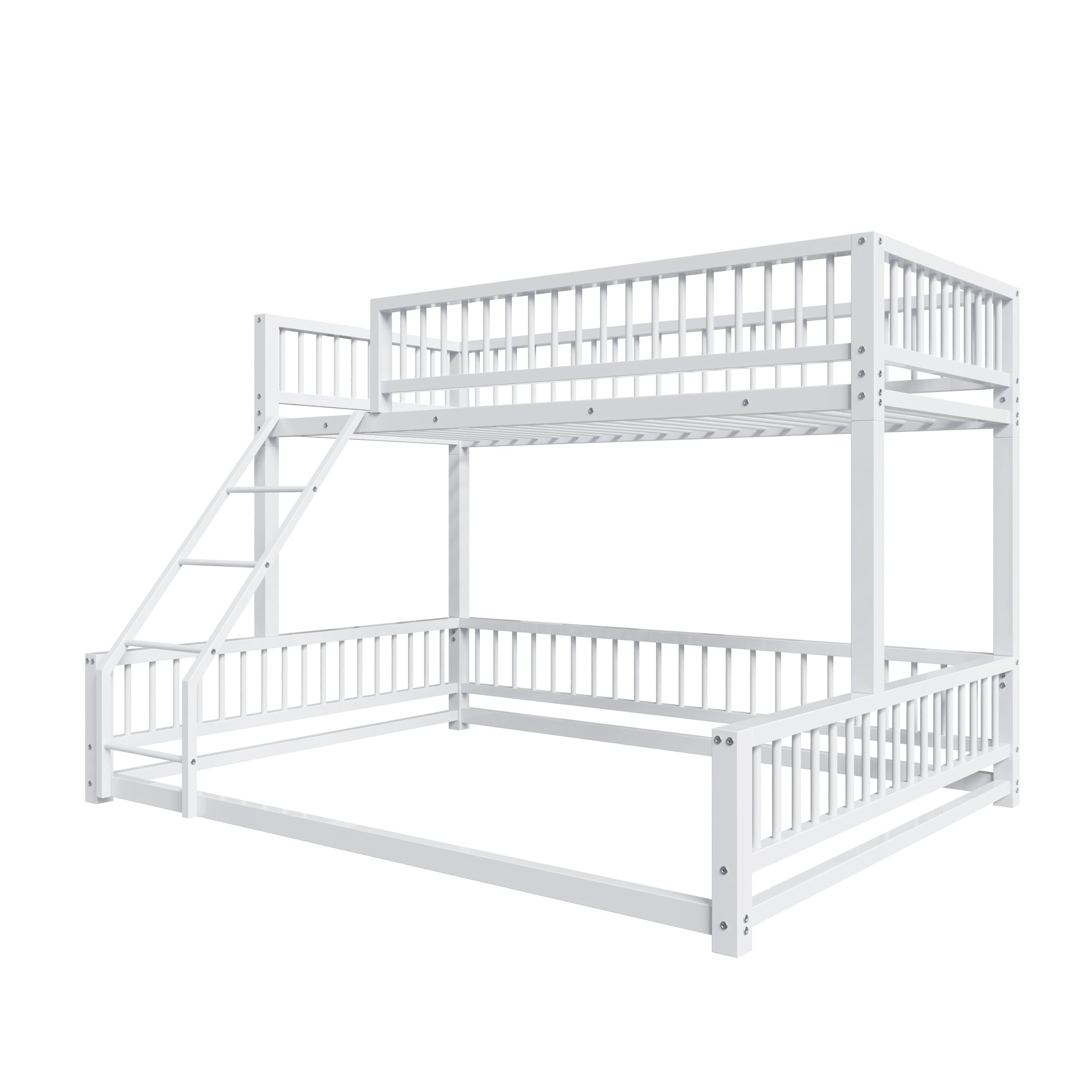 Bellemave Metal Twin XL Over Queen bunk Bed, Floor Twin XL Over Queen Bunk Bed Frame with Ladder and Safety Guardrails, White
