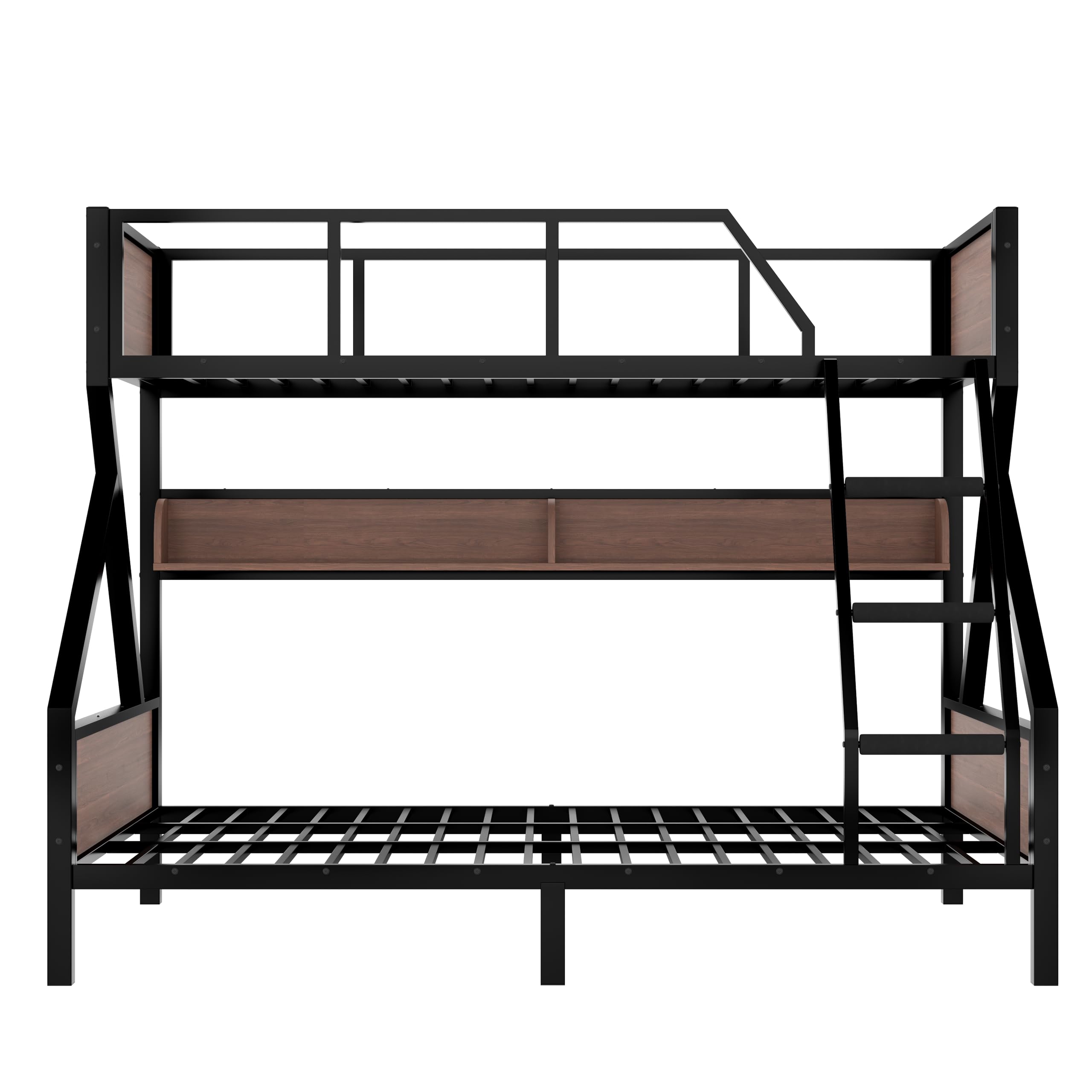 Bellemave Twin XL Over Queen Size Bunk Bed with Storage Shelves and LED Lights,Heavy Duty Adult Bunk Beds with Angled Ladder,Metal Queen Bunk Bed,Black