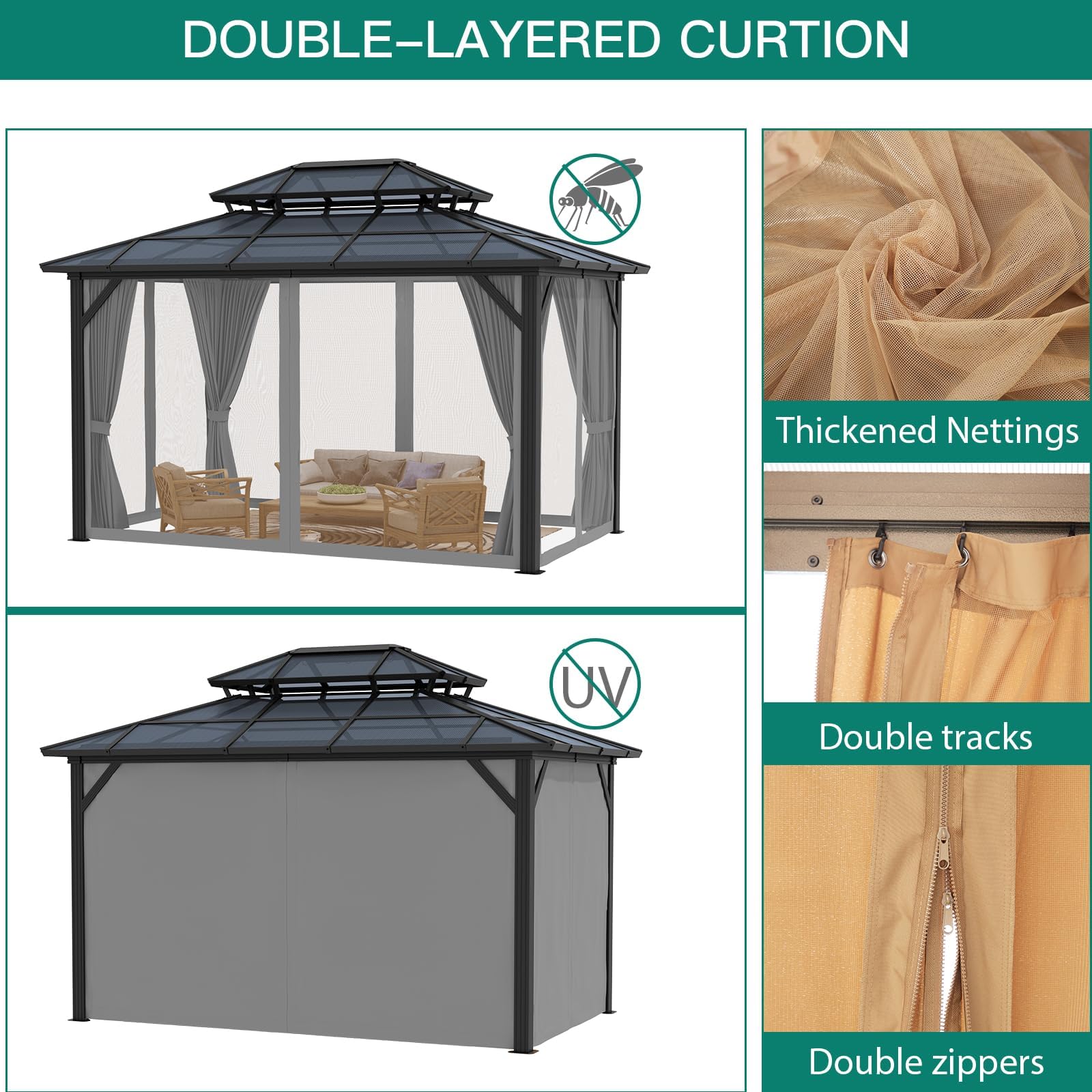 Hardtop Gazebo 10'x12' Double-Layer Polycarbonate Double Roof, Aluminum Frame Pavilion with Privacy Curtains and Netting All-Season for Patio, Garden, Hot Tub & Backyard