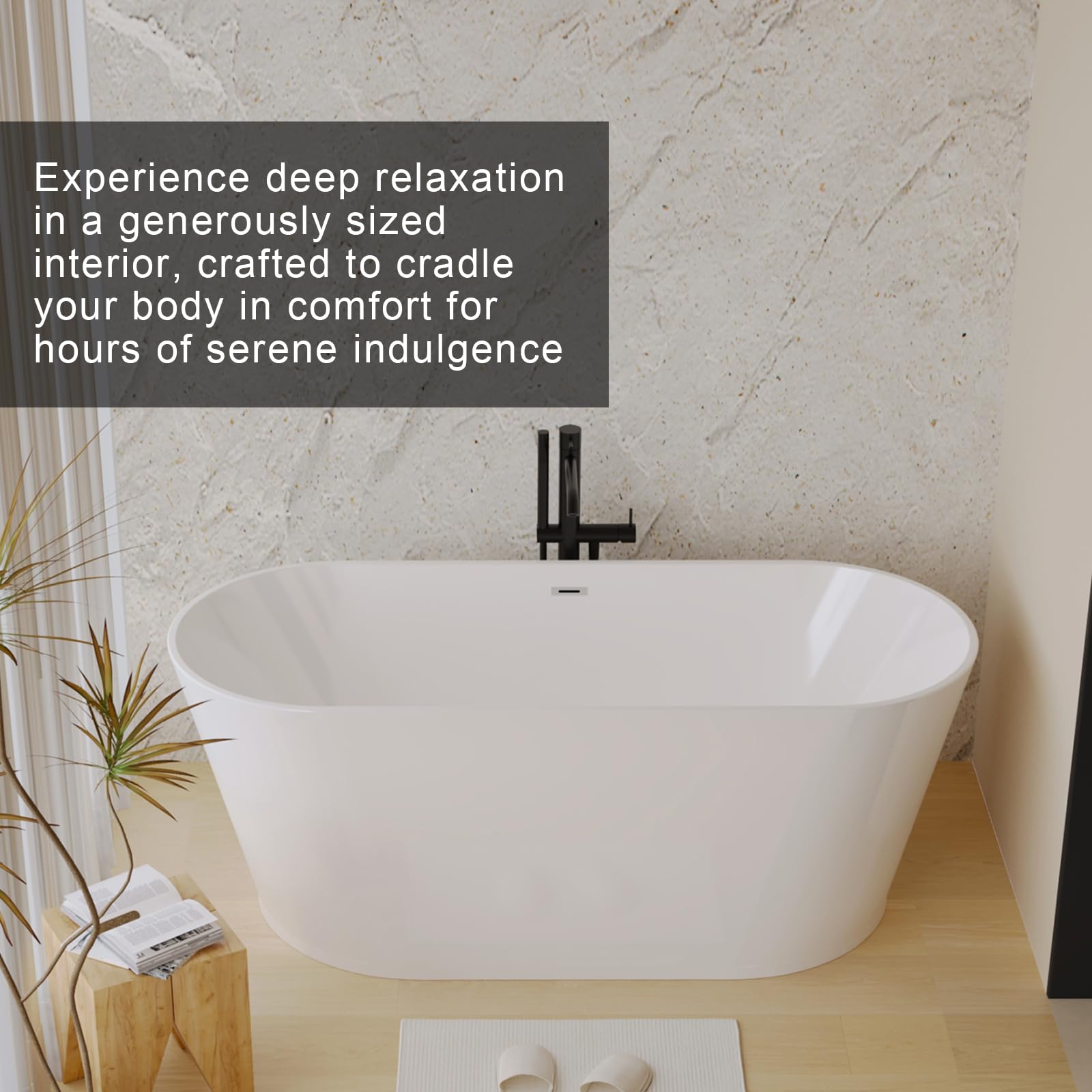 Zavdte 59'' Freestanding Acrylic Bathtub, Gloss White Stand Alone Soaking Tub with Toe-tap Chrome Drain, Double-Wall Insulation, CUPC Certified, Easy Install & Spacious Design
