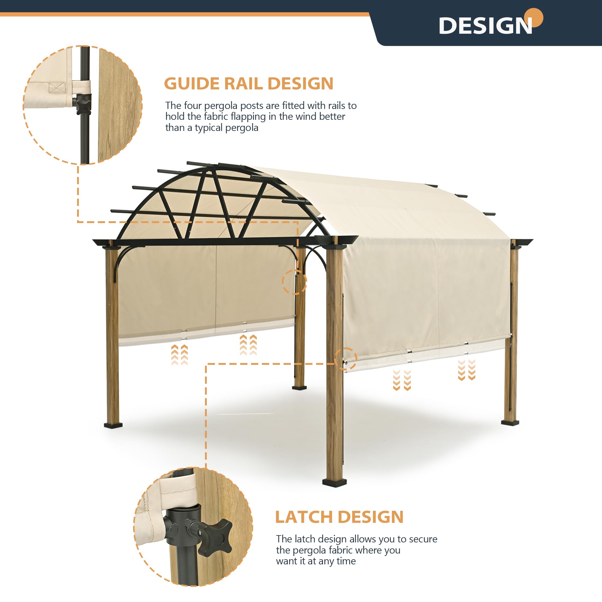 HAPPATIO 12' X 12' Outdoor Pergola with Sling Retractable Canopy, Wood-Like Aluminum Patio Pergola Shade Arched Top for Patio, Backyard, Garden,Poolside