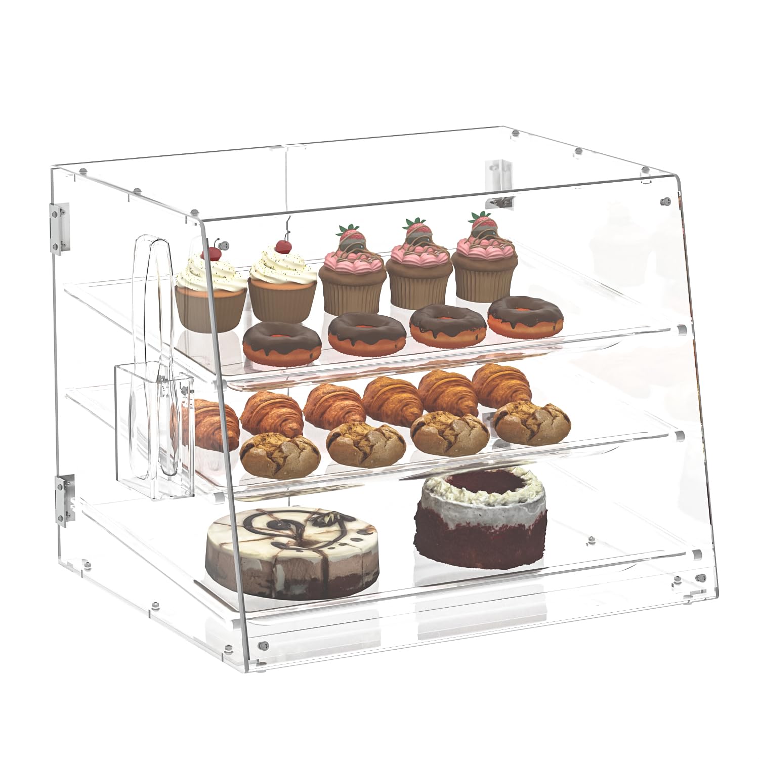 2PCS 20.9”W x 17.3”D x 16.7”H ,3-Tray Bakery Display Case, Acrylic Clear Display Case Countertop for Bread Pastry Dessert Food Cookie Display, Display Cabinet Box for Baking Enthusiasts