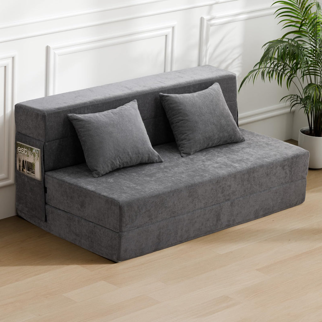 HOMFINE Folding Sofa Bed - Convertible Sleeper Chair with Pillow, Fold Out Couch, Memory Foam Floor Mattress, Futon Couch, Lazy Sofa for Living Room/Dorm/Guest Room/Home Office, Grey, Queen Size