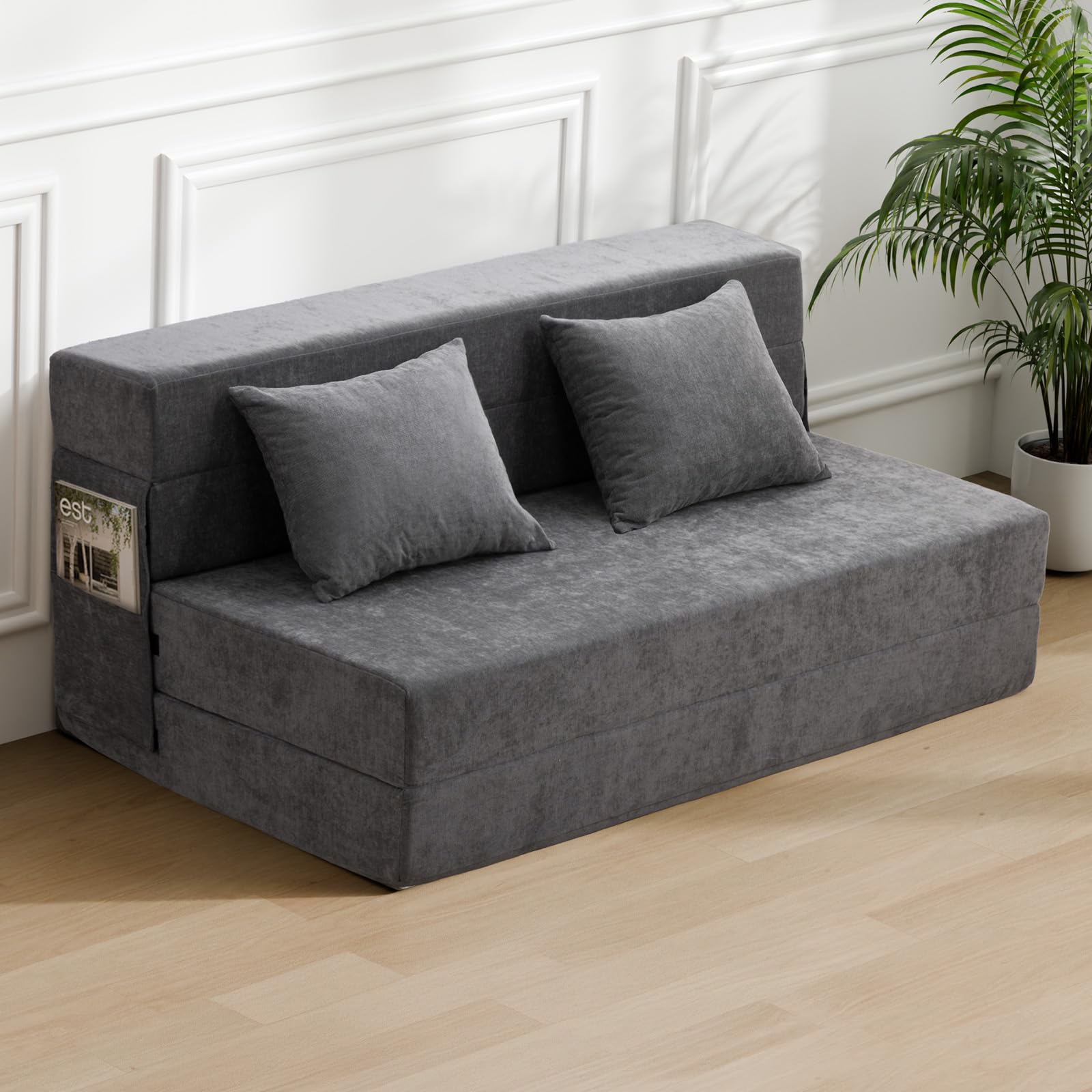 HOMFINE Folding Sofa Bed - Convertible Sleeper Chair with Pillow, Fold Out Couch, Memory Foam Floor Mattress, Futon Couch, Lazy Sofa for Living Room/Dorm/Guest Room/Home Office, Grey, Queen Size