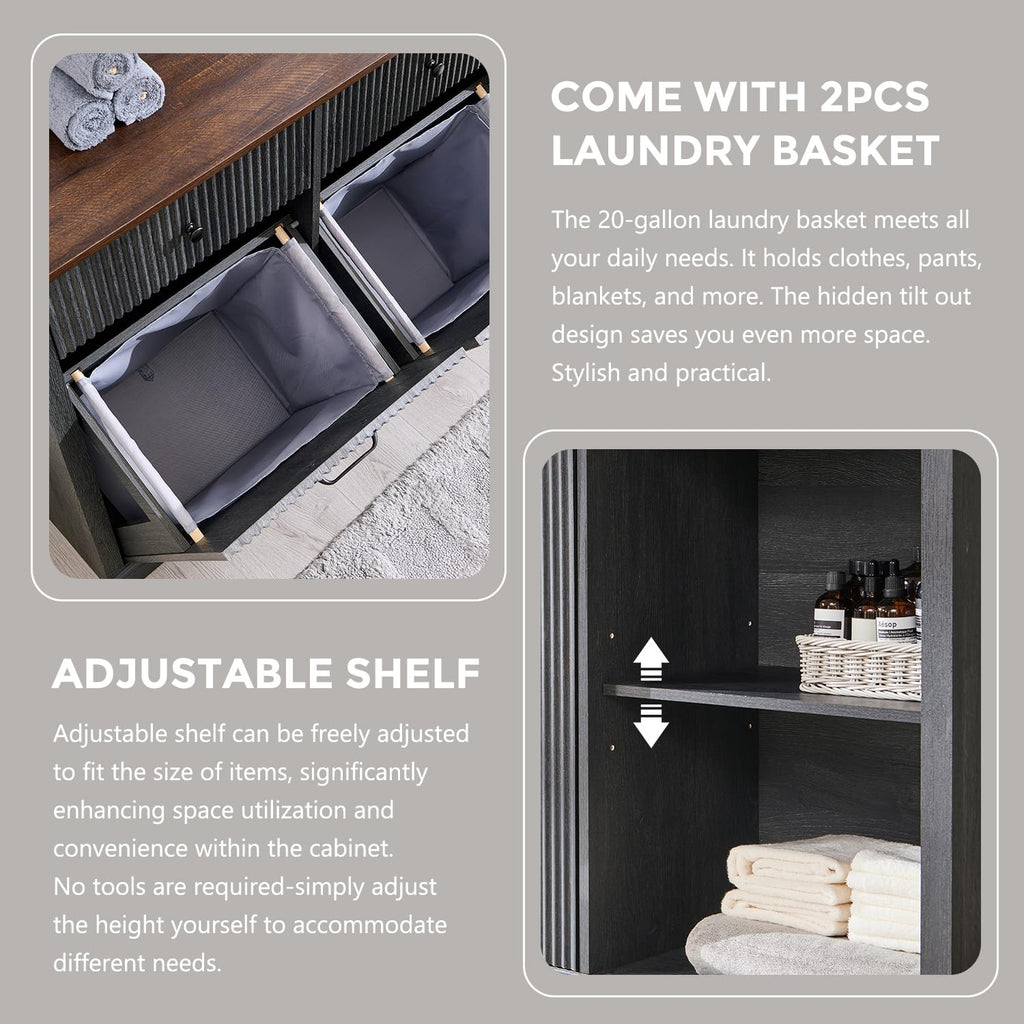 IFBUY Triple Tilt Out Laundry Hamper Cabinet, Modern Fluted Trash Can Cabinet with 3 Drawers, 20 Gallon Hidden Garbage Can Cabinets w/Laundry Basket & Adjustable shelf for Bathroom and Kitchen, Grey