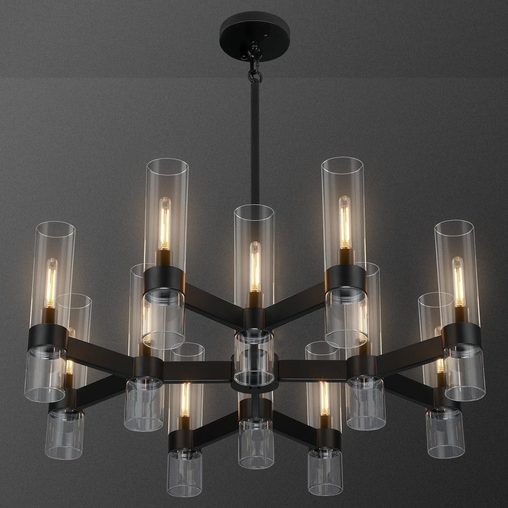 12 Light Black Chandeliers for Dining Room Light Fixtures Over Table, Modern Farmhouse Chandelier with Clear Glass Cover for Living Dining Room Kitchen Island Bedroom Foyer 34"
