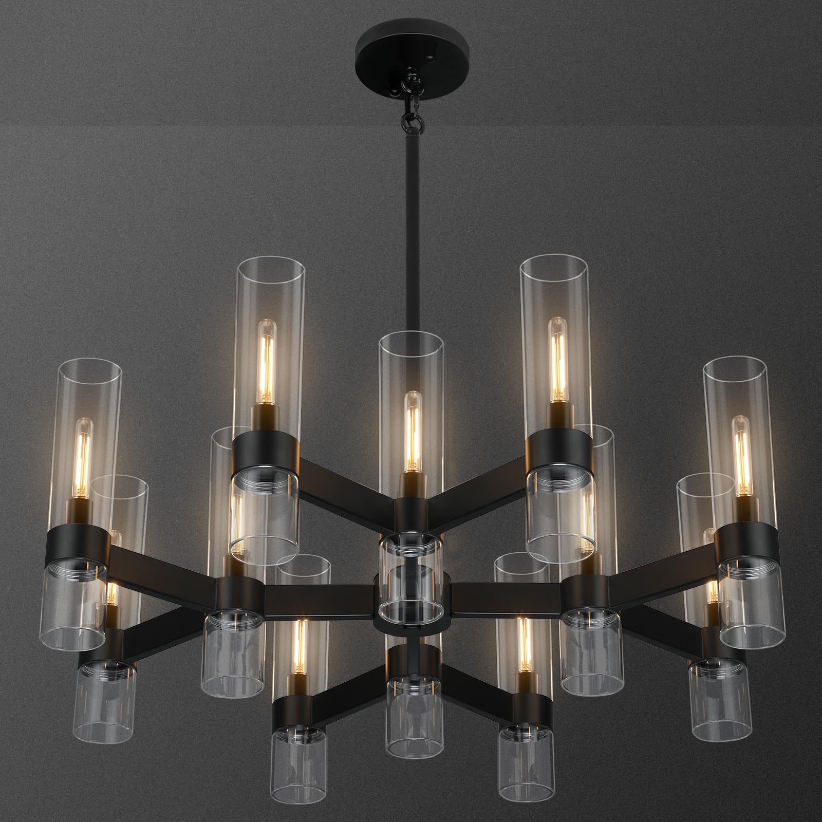 12 Light Black Chandeliers for Dining Room Light Fixtures Over Table, Modern Farmhouse Chandelier with Clear Glass Cover for Living Dining Room Kitchen Island Bedroom Foyer 34"