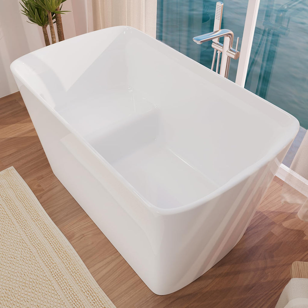 Mokleba 47" Lucite Acrylic Freestanding Bathtub，Square Shape Japanese Soaking Tub with Seat Desgin,Toe-tap Chrome Right Drain, Slotted Overflow, cUPC Certified,Glossy White