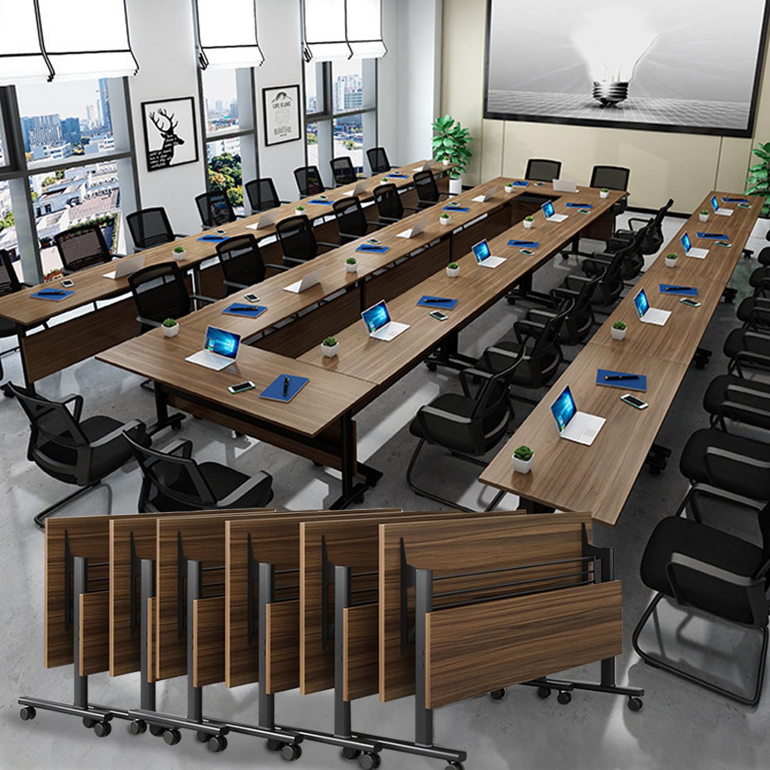 Folding Conference Tables,Flip Top Conference Room Tables,55.1 Inches Mobile Training Table with Silent Wheels,Modern Foldable Modular Boardroom Meeting Seminar Table for Office Classroom, 6 Pack