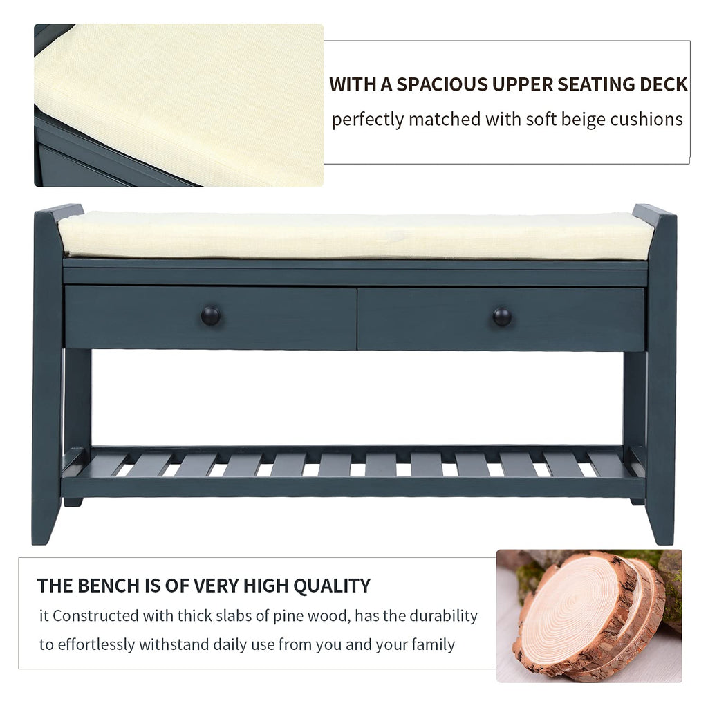 Acosure 42″ Storage Bench with 2 Drawers and 2 Cabinets，Multipurpose Entryway Shoe Rack W/Removable Cushion，for Living Room Hallway Porch,White