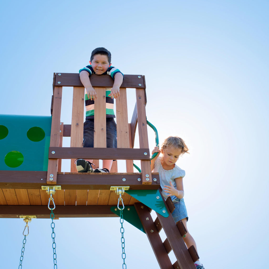 Backyard Discovery Woodridge Elite Cedar Wood Swing Set with Wave Slide, Clubhouse, Crawl Tunnel, Crow's Nest, Belt Swings, Trapeze, Rock Wall Ladder, Sandbox, Wrap-Around Porch, Deck, Outdoor Playset