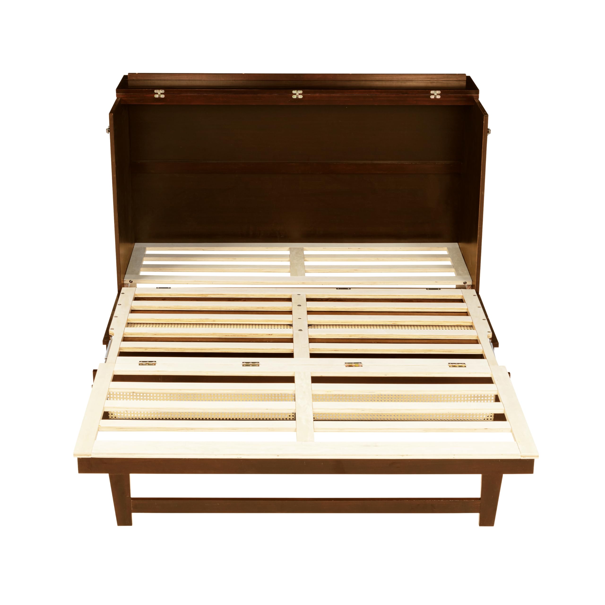 Queen Size Murphy Bed Cabinet with Rattan Panel,Pine Wood Cabinet Bed with Storage Drawer,Space-Saving Foldable Beds with Integrated Platform,Convertible Guest Beds for Bedroom Living Room,Walnut