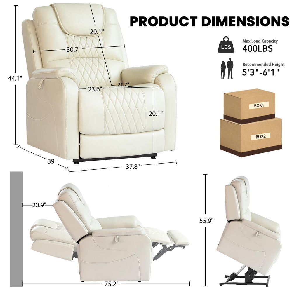EONIX Triple Motor Lay Flat Power Lift Recliner Chair for Elderly with Massage, 400lbs Electirc Lift Chair for Living Room, Independent Adjustable Backrest Headrest, Extended Footrest, Cream White