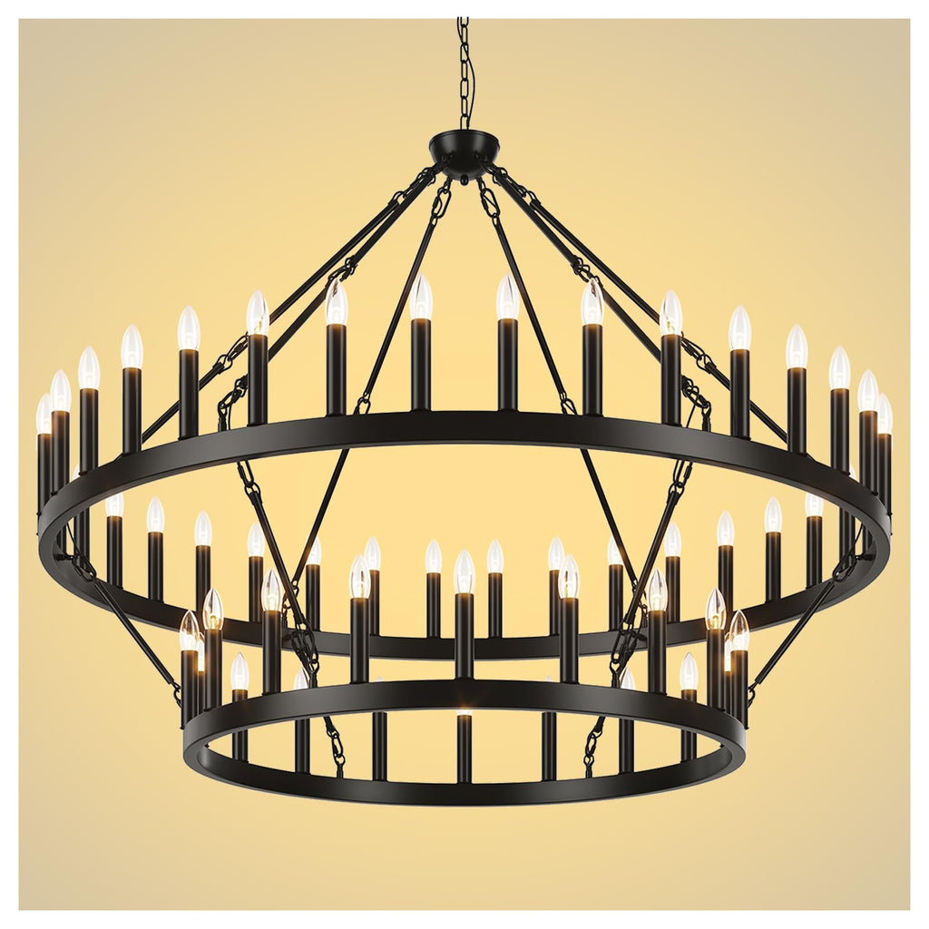 Yikrfiae 2 Tier Black Large Wagon Wheel Chandelier, 54-Lights 60 Inch Farmhouse Pendant Light Fixture, Round Rustic Hanging Lighting for Dining Room Kitchen Island Foyer Entryway