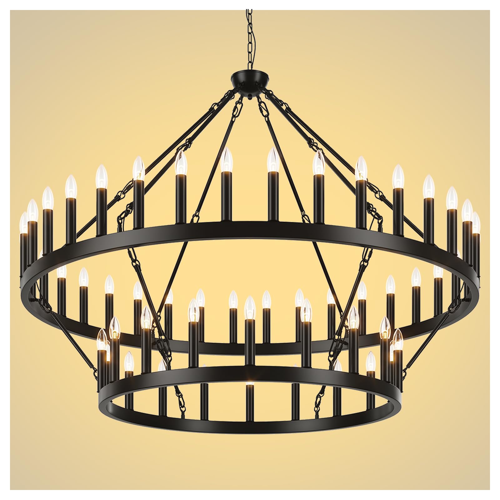Yikrfiae 2 Tier Black Large Wagon Wheel Chandelier, 54-Lights 60 Inch Farmhouse Pendant Light Fixture, Round Rustic Hanging Lighting for Dining Room Kitchen Island Foyer Entryway