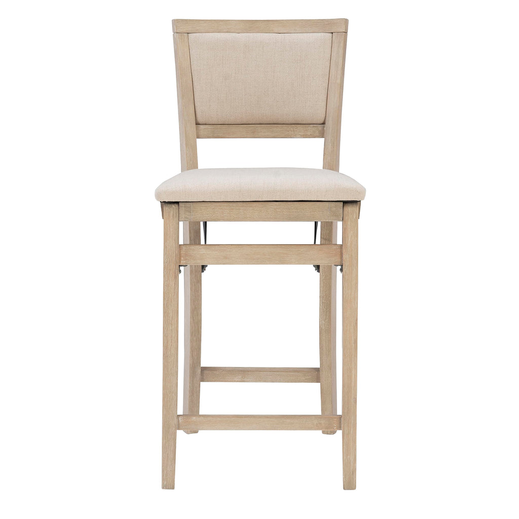 Linon Keira Natural Rustic Wooden Folding 25 Inch Seat Height Counter Stool with Beige Upholstered Seat and Back