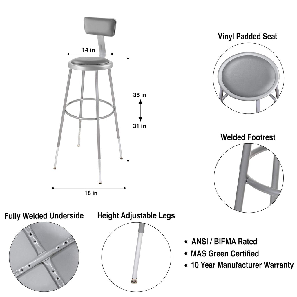 OEF Furnishings OEF6430HB/2 Premium Commercial-Grade All-Purpose Round Stool with Backrest (Height-Adjustable, 30–38 inch Range, Gray Frame, Vinyl Padded Seat, 2-Pack)