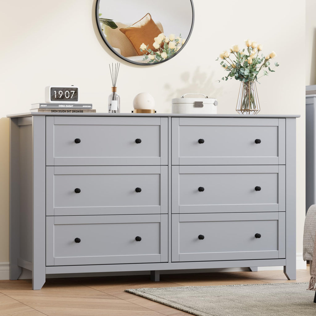 IDEALHOUSE Grey 6 Drawer Dresser for Bedroom, 54" Wide Large Dresser with Deep Drawers & Metal Knobs, Modern Wooden Chests of Drawers for Entryway, Hallway