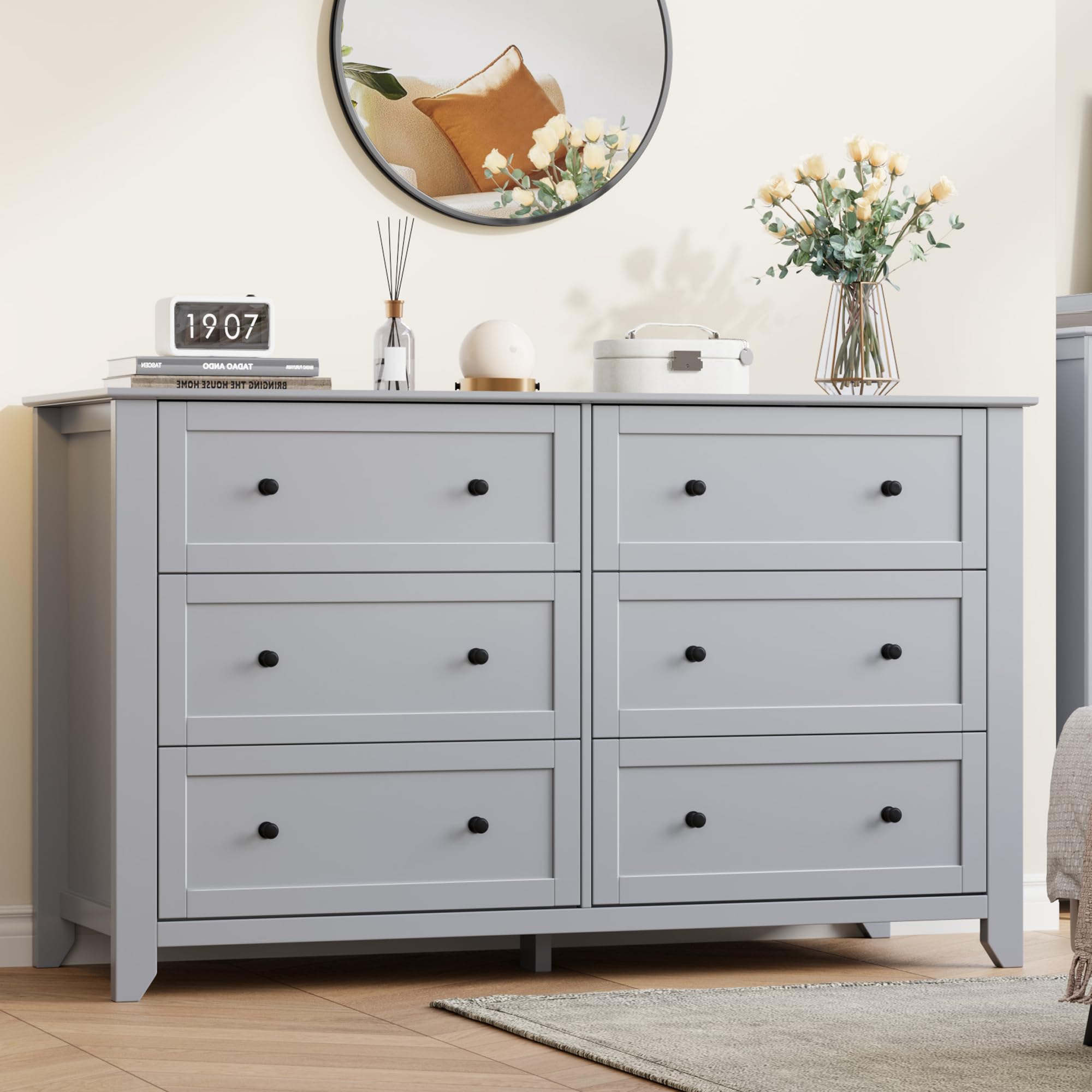 IDEALHOUSE Grey 6 Drawer Dresser for Bedroom, 54" Wide Large Dresser with Deep Drawers & Metal Knobs, Modern Wooden Chests of Drawers for Entryway, Hallway