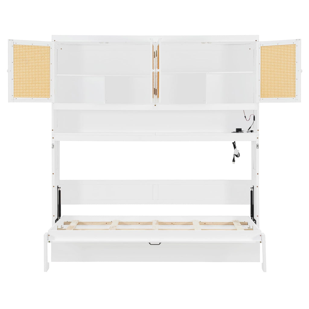 DNYN Murphy Bed Frame with Top Cabinet and LED for Bedroom/Guest/Study Room, Twin Size Wooden Foldable Wall Bed with USB Ports, Space-Saving Design & No Box Spring Needed