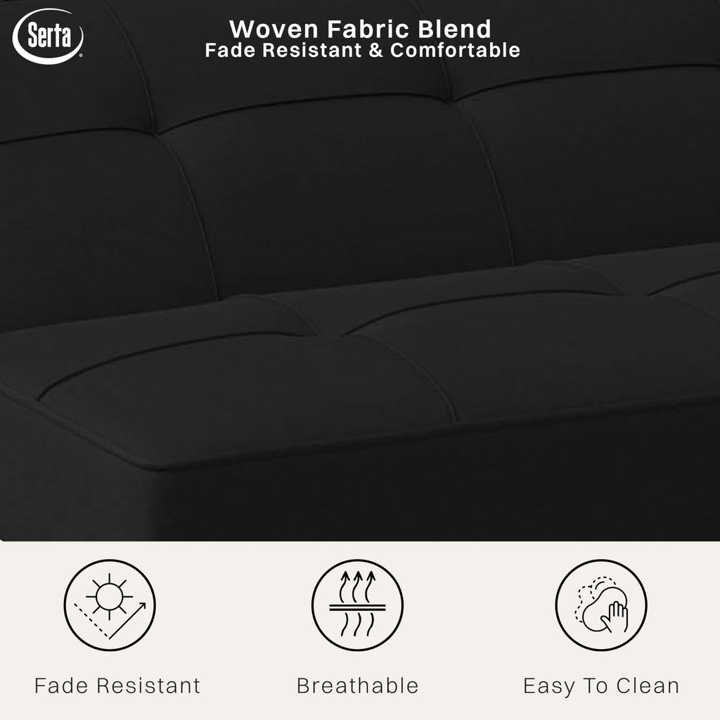 Serta® Rane Futon Sofa Bed 66.1", 3-in-1 Convertible Couch Sleeper for Small Spaces, Tufted Back, Twin Size Guest Bed, Black Woven Fabric