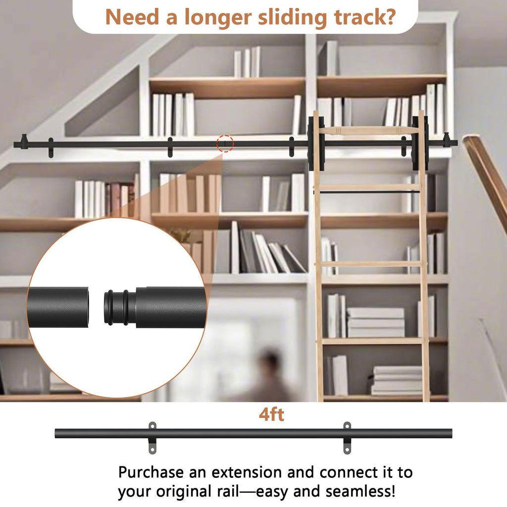 LKCBITION 87inch Heavy Duty Oak Wood Ladder with 4ft Telescoping Top Rollers & Bottom Brake Wheels Sliding Hardware, Rolling Library Ladder for Loft, Attic, Bookshelf