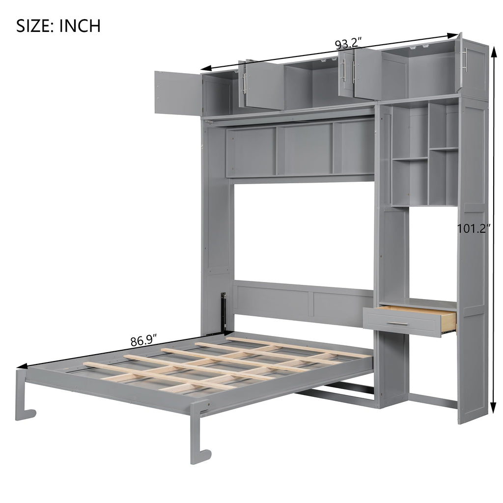 Merax Queen Size Wall Murphy Bed with Desk, Top Cabinet and Storage Shelves, Space Saving Foldable Bed, Wooden Bed Frame