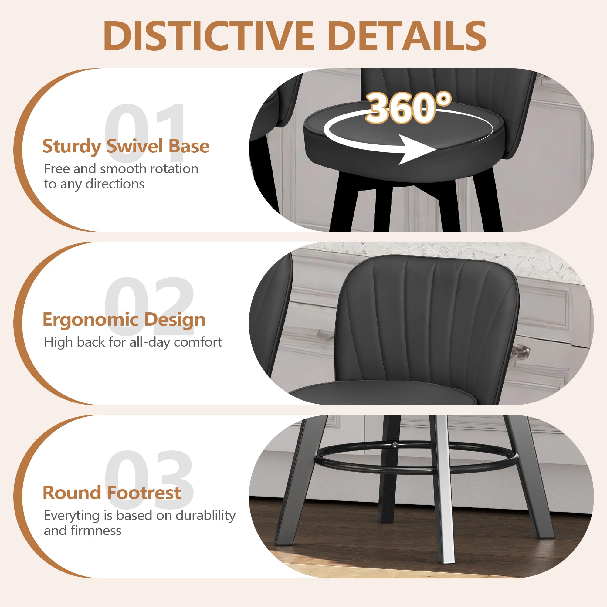 MINCETA 360° Swivel Bar Stools Set of 4, 26 Inch Counter Height Bar Stool with Shell Backrest, PU Leather Upholstered Bar Chair with with Footrest, for Kitchen Island, Home Bar, Dark Gray