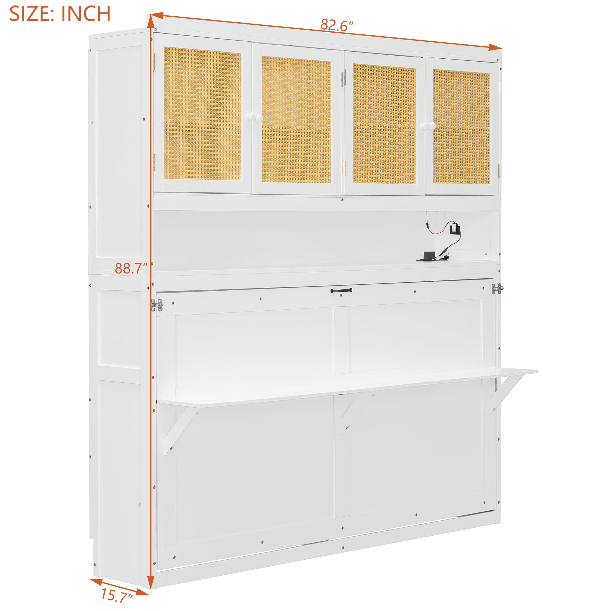 Merax Twin Murphy Bed Frame with Top Cabinet, Multi Storage Shelves & 4 Ratten Doors, 2-in-1 Bed Desk Space Saving Foldable Wall Bed with Light & USB Charging Ports, White