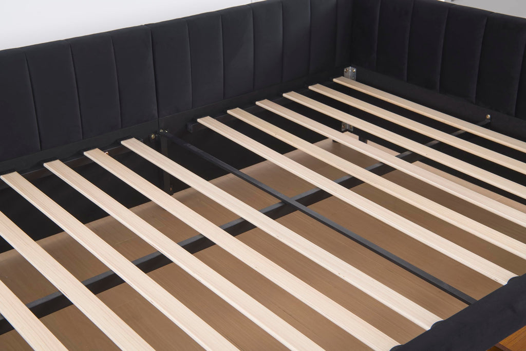 GDFStudio Twin Size Daybed with Trundle, Upholstered Platform Bed Frame with LED Light, Storage Shelves, USB Charging Station, Velvet Twin Bed Frame with Slat Support, No Box Spring Needed, Dark Grey