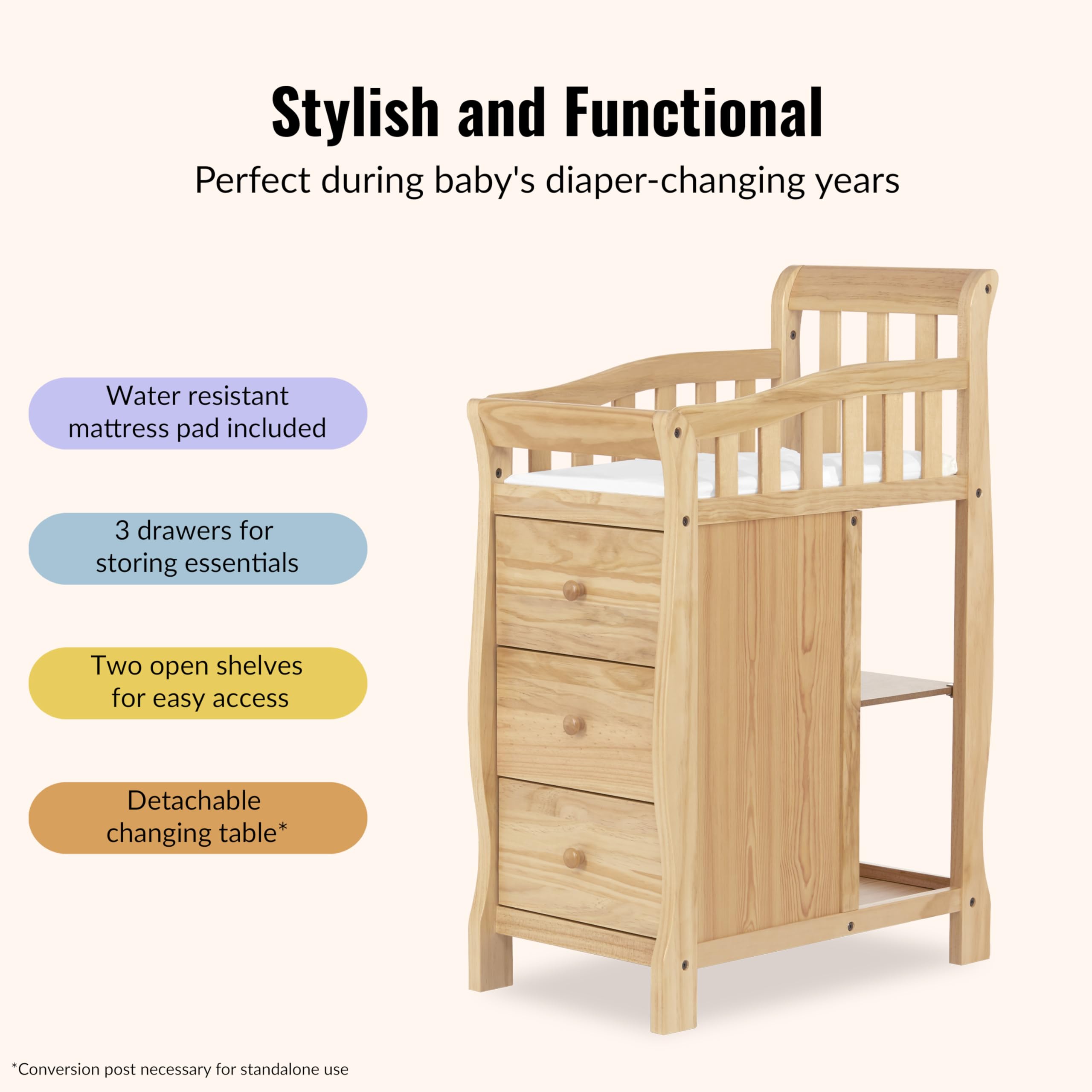 Dream On Me Jayden 4‑in‑1 Mini Convertible Baby Crib & Changer with Storage in Natural, Pinewood, GreenGuard Gold & BSA, 1” Mattress Pad, 3 Mattress Heights, Converts to Mini Day & Twin-Size Bed