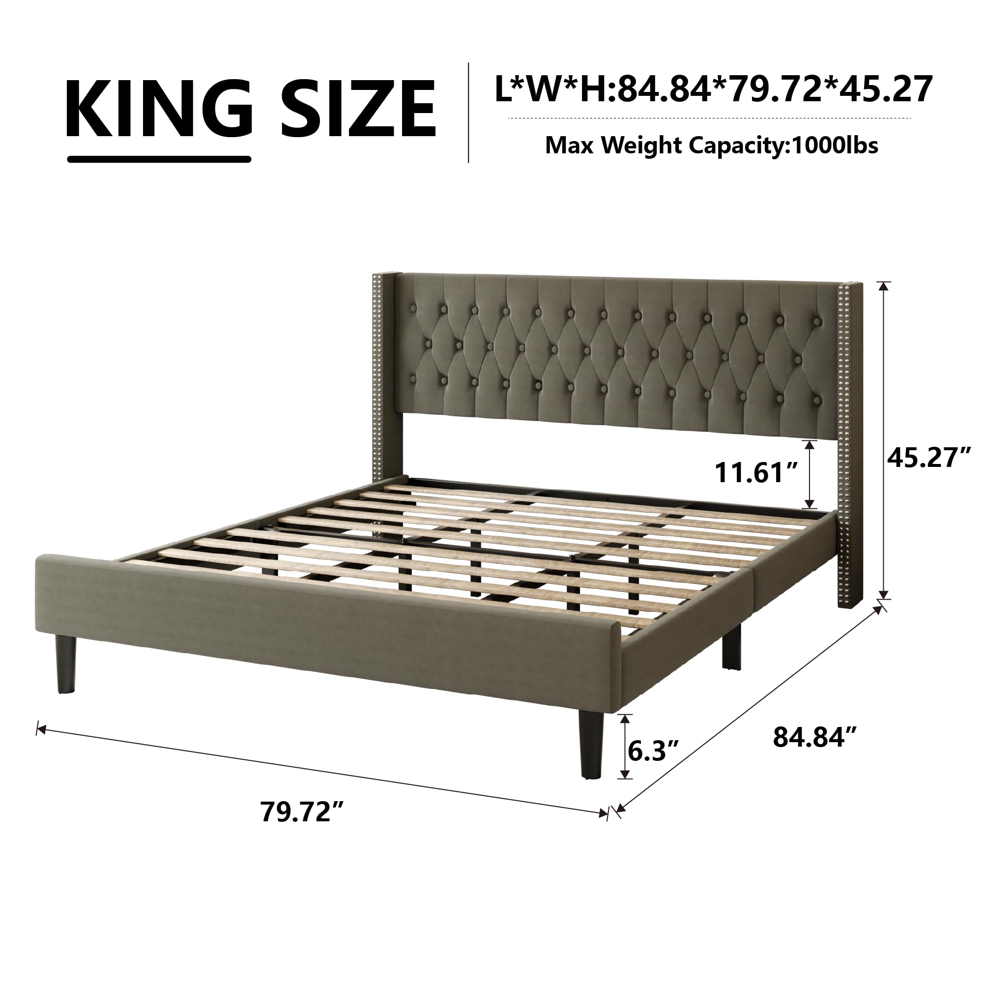 HAOARA King Size Bed Frame, Upholstered Platform Bed with Wingback Headboard, Velvet Button Tufted, Easy Assembly, No Box Spring Needed, Green