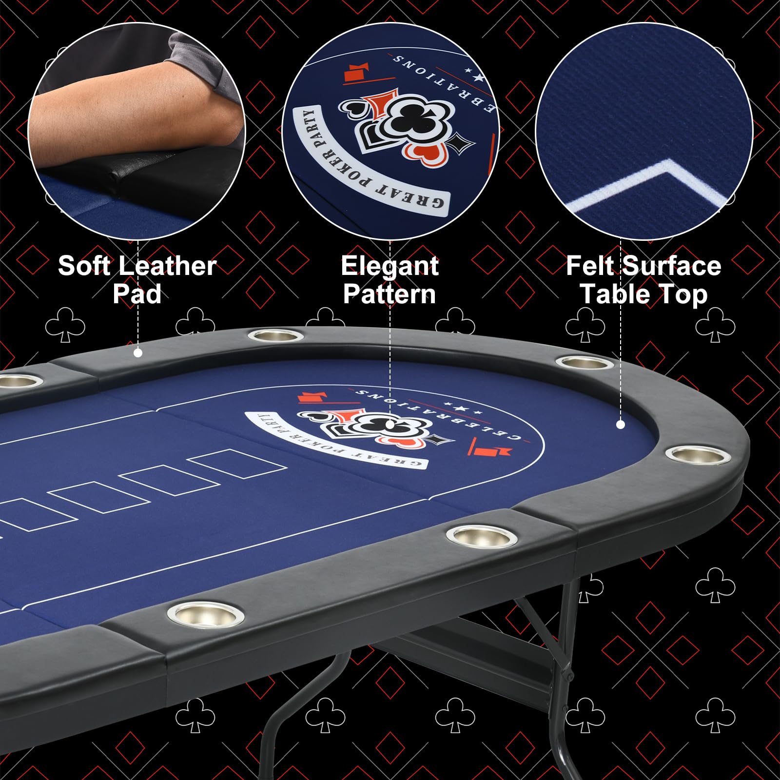 RAYKEEP 10 Player Poker Table Foldable, 84" Portable Casino Leisure Texas Holdem Table, Folding Game Table with Padded Rails and Cup Holders for Texas Card, Blackjack Board Game(Black)