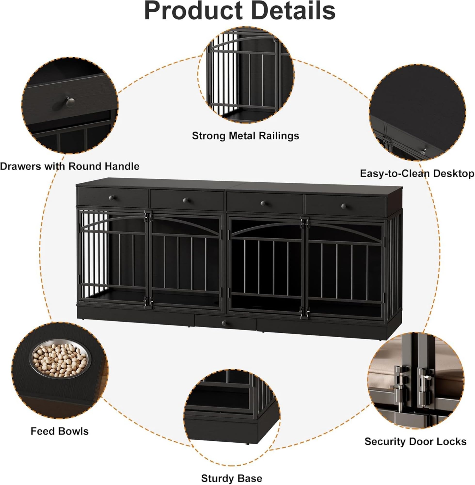 GAOMON Dog Crate Furniture for 2 Dogs, 78.7'' Large Dog Kennel Indoor with 4 Storage Drawers and Feeding Bowls, Double Dog Crate TV Stand for Small and Medium Dogs, Black