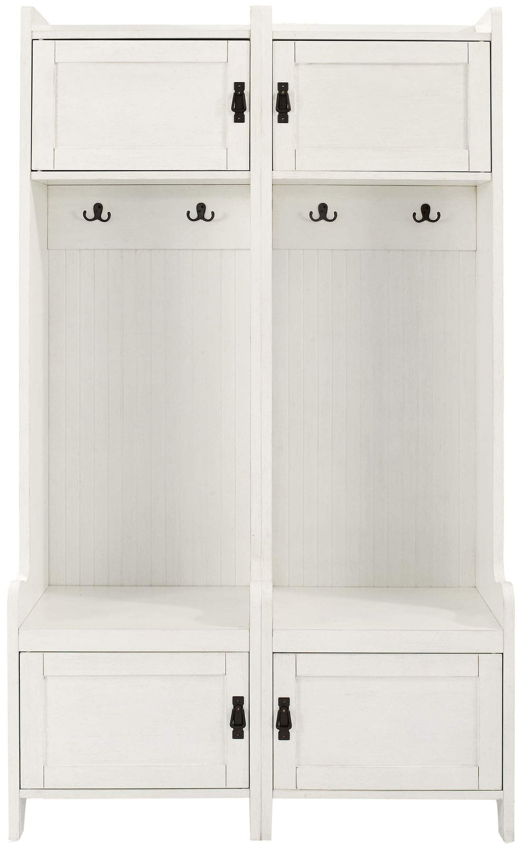 Crosley Furniture Fremont 2-Piece Hall Tree Entryway Set with Storage Cabinets and Coat Rack Hooks, Distressed White