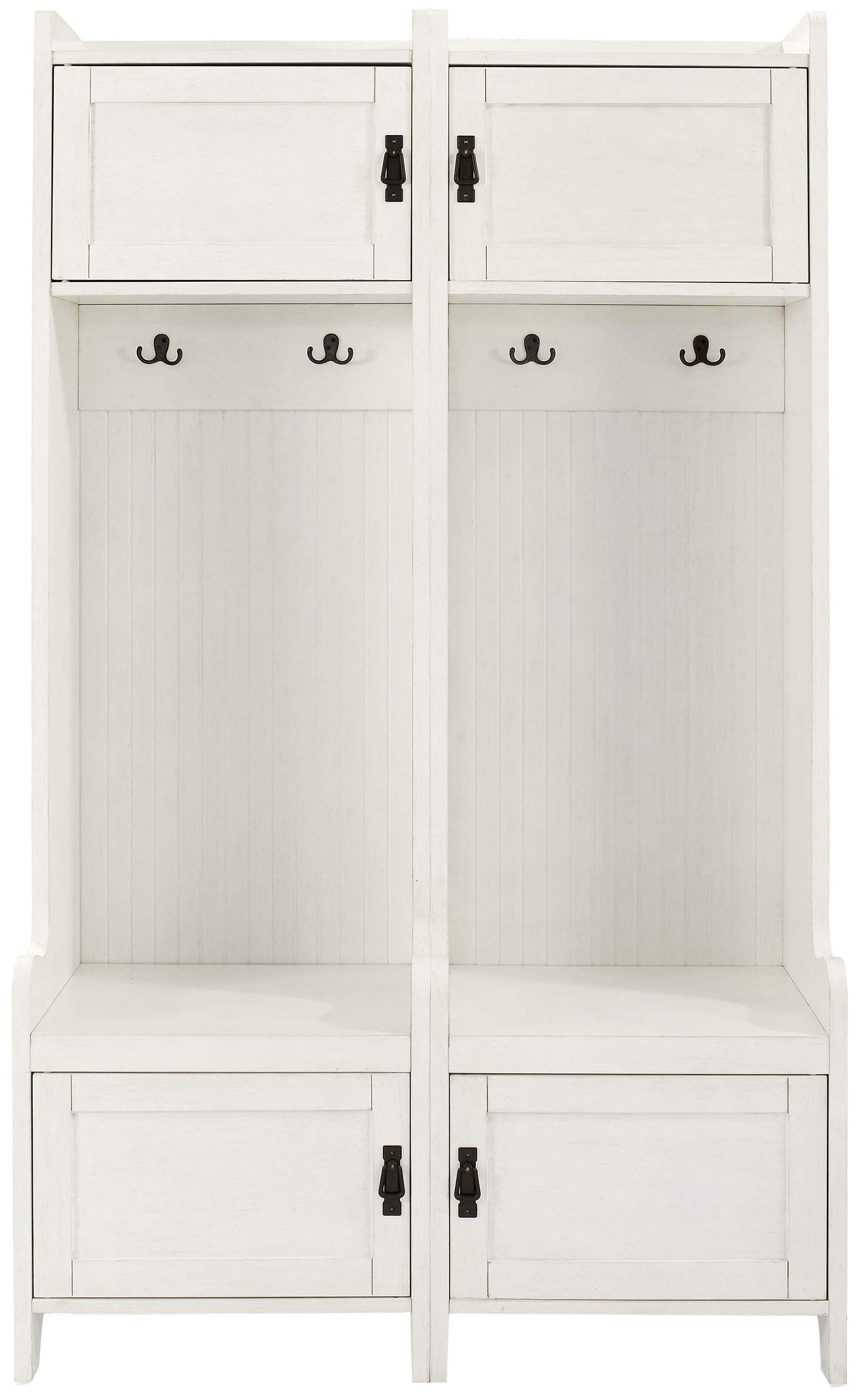 Crosley Furniture Fremont 2-Piece Hall Tree Entryway Set with Storage Cabinets and Coat Rack Hooks, Distressed White